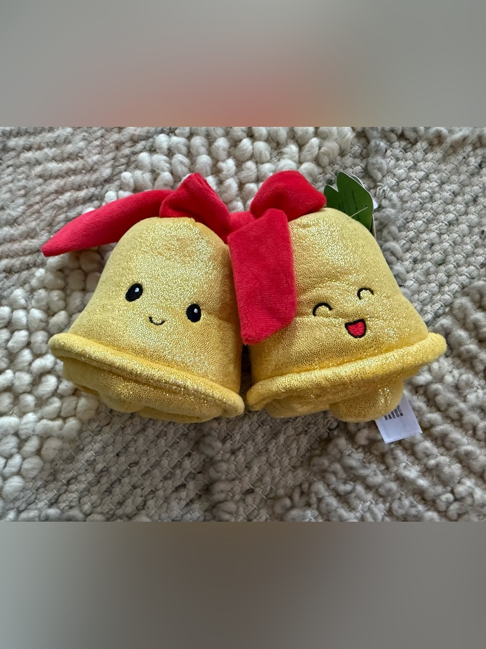 Giggle Scape Plush Holiday Bell Pair - Gold with Red Bows faces and rattle nwt